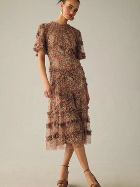 Mac Duggal 8010 Beige Floral Midi Dress with Ruffle Detailing